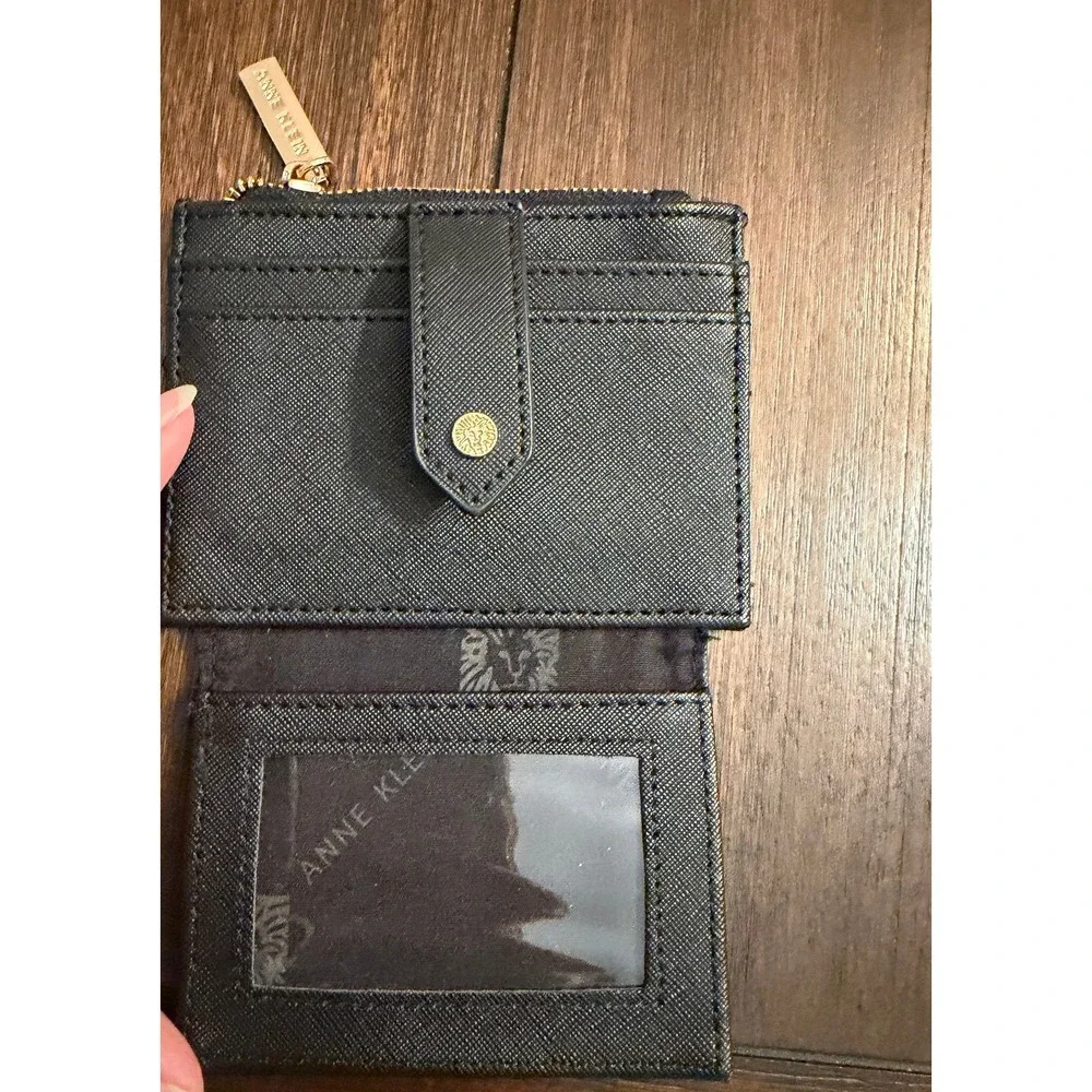 Anne Klein Black Saffiano Vegan Leather Slim Card Case Zip Wallet Gold Hardware
